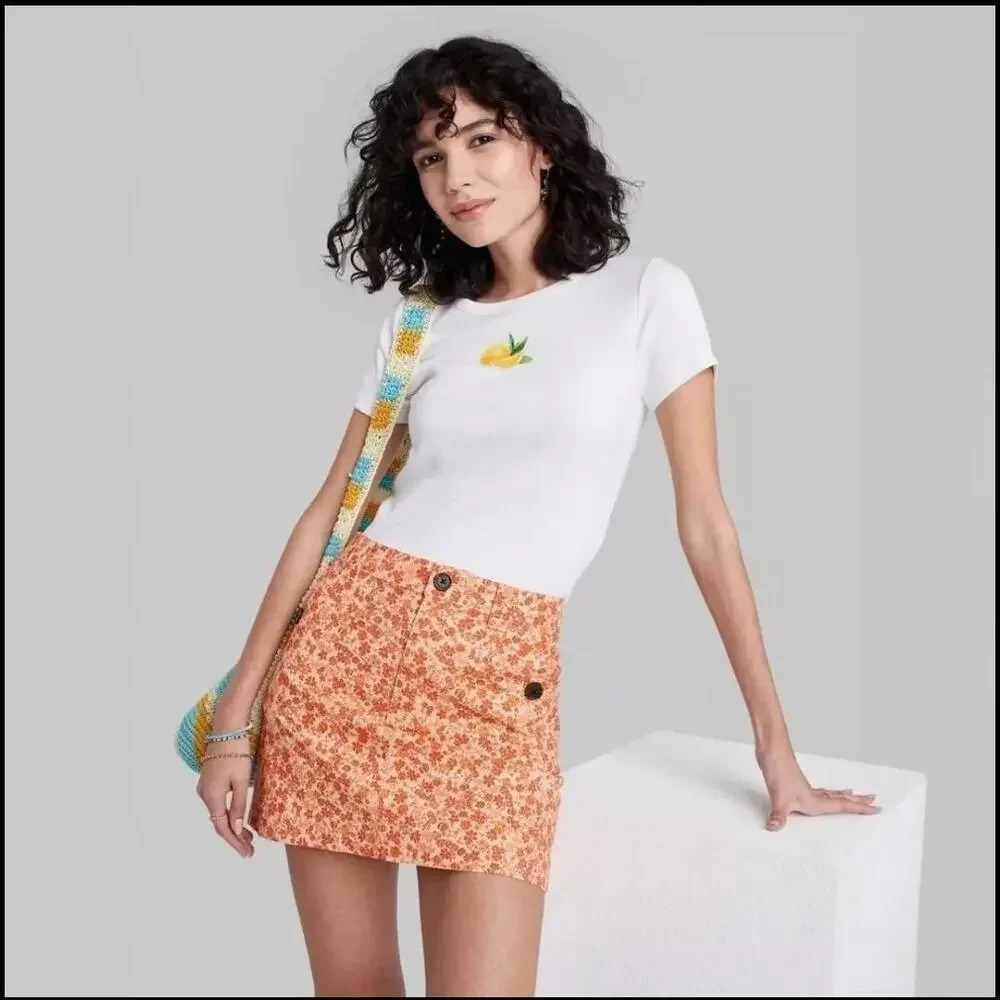 NWT Wild Fable High-Rise Chino Mini Skirt Rust Floral Stretch Waist Size 16